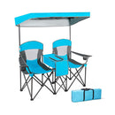 Double Folding Camping Chair With Canopy And Armrests Blue