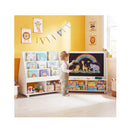 Double Sided Kids Bookshelf On Wheels With Chalkboard Open Cubes White