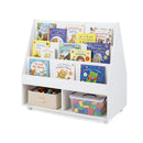 Double Sided Kids Bookshelf On Wheels With Chalkboard Open Cubes White
