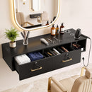 Wall Mounted Salon Station Cabinet, Hair Styling Station with 2 Lockable Drawers & 3 Appliance Holders, Wooden Barber Spa Equipment for Vanity, Black