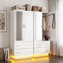 LED Wardrobe Cabinet Clothes Storage with Mirror 2 Drawers Hanging Rail