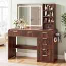 Dressing Table Vanity Desk LED Lighted Mirror Glass Top 7 Fluted Drawers 120CM Walnut