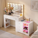 Dressing Table Mirror Charging Station Glass Top Makeup Vanity Desk RGB Cabinet Storage Drawers Hairdryer Holder White