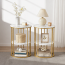 Side Table Set of 2 Marble Effect Round Coffee Table 2 Tier End Bedside Table Nightstand White&Gold