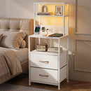 Bedside Table Tall Nightstand with Charging Station Drawers LED White