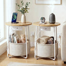 Set of 2 Round Coffee Table Bedside Side End Table Charging Station Storage Basket