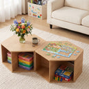 Set of 2 Coffee Table Hexagonal Center Table with Open Storage 2-Way Display Side Table Wood