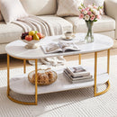 Coffee Table 2 Tier Oval Marble Finish Storage Shelf Metal Frame Center Table Living Room 100x50x45cm White & Gold
