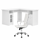 Office Desk and Chair Set L Shape Computer Desk 150cm with Storage Cabinet & Drawers, Ergonomic PU Leather Office Chair, White Home Office Furniture