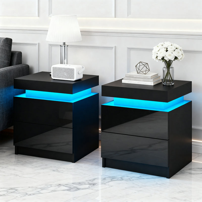 2X Bedside Table LED 2 Drawers Lift-up Storage - COLEY Black – Simply ...