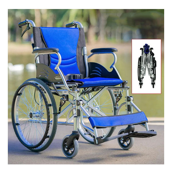 Folding Aluminium Wheelchair 20 Wheels Park Brakes 100Kg Capacity Blue