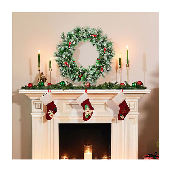 60Cm Snowy Christmas Wreath Garland With 50 Led Lights For Decorations