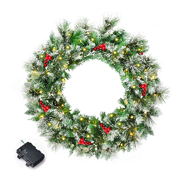 60Cm Snowy Christmas Wreath Garland With 50 Led Lights For Decorations