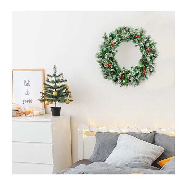 60Cm Snowy Christmas Wreath Garland With 50 Led Lights For Decorations