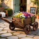 Wooden Planter Cart Garden Decor Plant Stand Flower Fir Wood Wagon Wheels L
