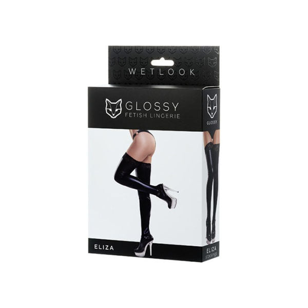 Glossy Wetlook Stockings With Lace Insert Eliza Black