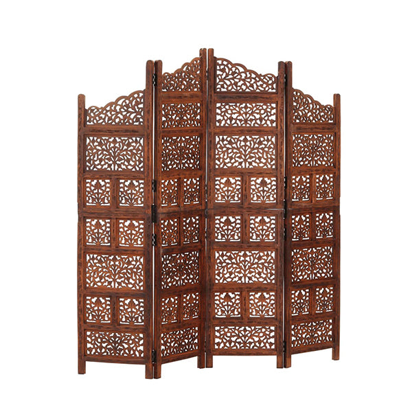 Hand Carved 4 Panel Room Divider Brown 160X165 Cm Solid Mango Wood