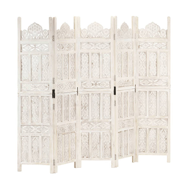 Hand Carved 5 Panel Room Divider White 200X165 Cm Solid Mango Wood