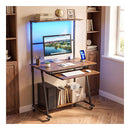 Industrial Office Desk With Led Lights Keyboard Tray And Shelf Brown