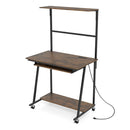 Industrial Office Desk With Led Lights Keyboard Tray And Shelf Brown