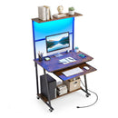 Industrial Office Desk With Led Lights Keyboard Tray And Shelf Brown