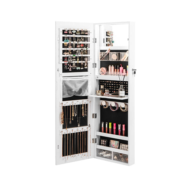 White Lockable Mirror Jewelry Cabinet With 3 Colour Led Light