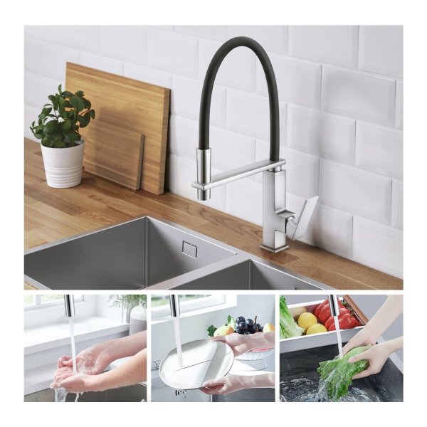Swivel Flexible Spout Kitchen Mixer Tap Gooseneck Pull Down Spray