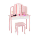 Kids Makeup Table Stool Set with Tri folding Mirror for Bedroom Pink