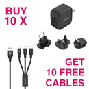 KIT- BUY 10 x Unitek PD66W GaN 3-Port Travel Chargers (Black) + 10 x FREE Unitek 1.2m 3-in-1 USB-A to USB-C/microUSB/Lightning Cables (Black)