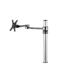 Atdec Single Monitor Swing Arm on Post. Up to 32in screens Max load: 8kg (flat) 5.5kg (curved) Bolt-Through and F-Clamp VESA up to 100x100. Silver.