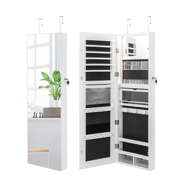 White Lockable Mirror Jewelry Cabinet With 3 Colour Led Light