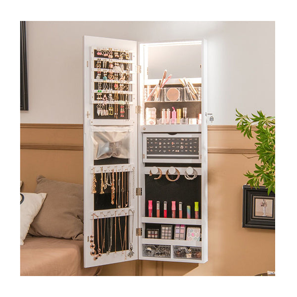 White Lockable Mirror Jewelry Cabinet With 3 Colour Led Light