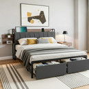 Metal Bed Frame Queen Size with 2-Tier Hidden Storage with Charging Station