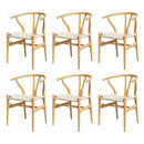 1 Set of 6 Dining Chairs Wooden Rattan Seat Wishbone Back