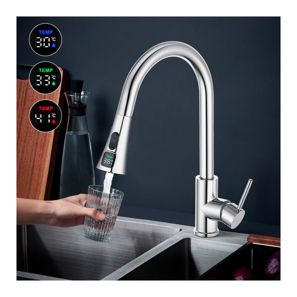 Pull Out Kitchen Mixer Tap Swivel Spout Temperature Display