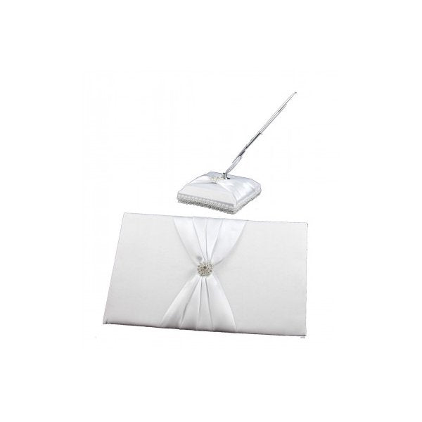 White Wedding Guest Register With Silver Pen Stand Set 36 Lined Pages