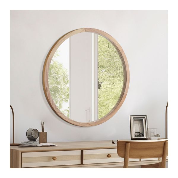 Natural Wood Frame Bathroom Vanity Wall Mounted Round Mirror