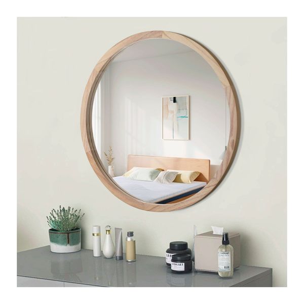 Natural Wood Frame Bathroom Vanity Wall Mounted Round Mirror