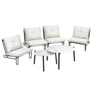 Patio furniture set with four chairs and two marble coffee tables