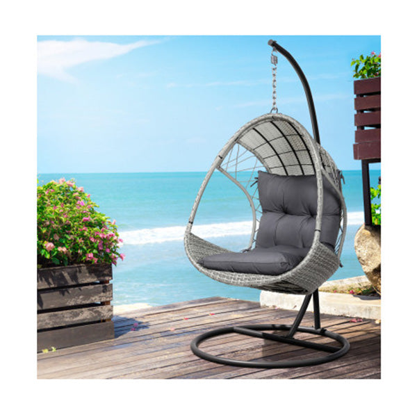 Outdoor Egg Swing Chair With Stand Cushion Wicker Armrest Light Grey