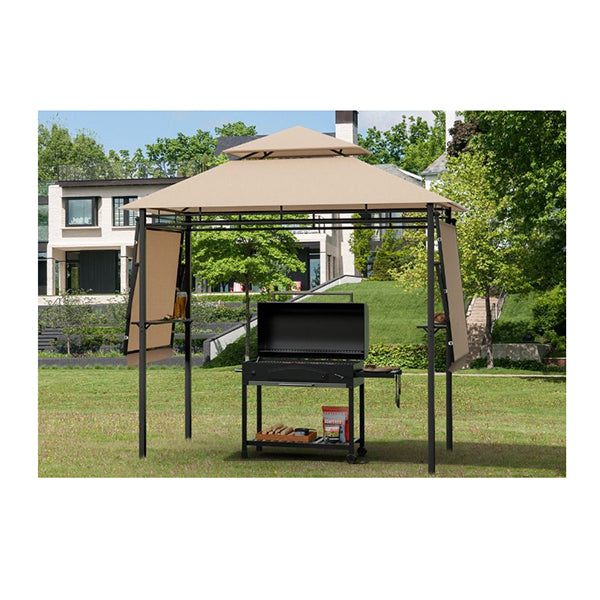 Outdoor Grill Gazebo With Dual Side Awnings For Patio Garden Brown
