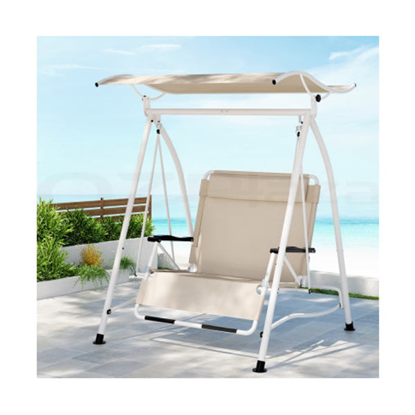Outdoor Swing Chair Garden Lounger 2 Seater Canopy Patio Furniture Beige