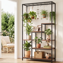Tall Plant Stand Indoor, 6-Tier Pot Plant Shelf with Hanging Hooks, Metal & Wooden Flower Holder, Large Tiered Display Rack for Patio Garden Balcony Living Room, Indoor Outdoor Use