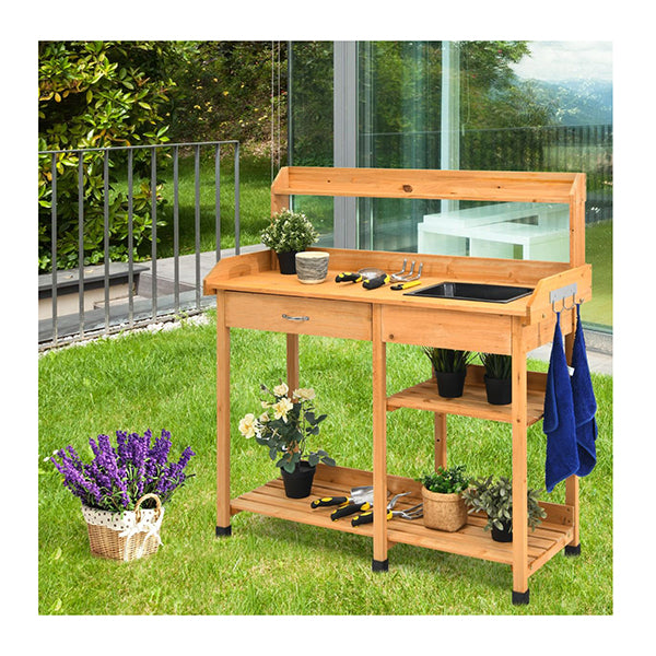 Potting Table With Wood Storage Shelf For Garden