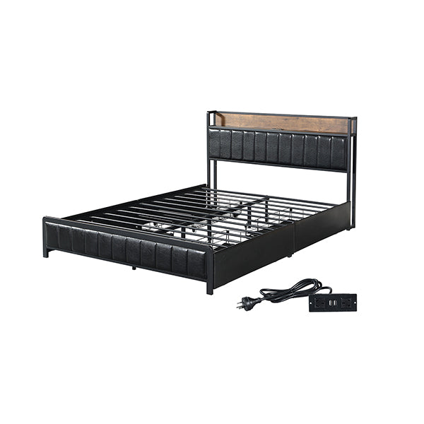 Queen Bed Frame Pu 4 Drawer With  Usb Charger In Black