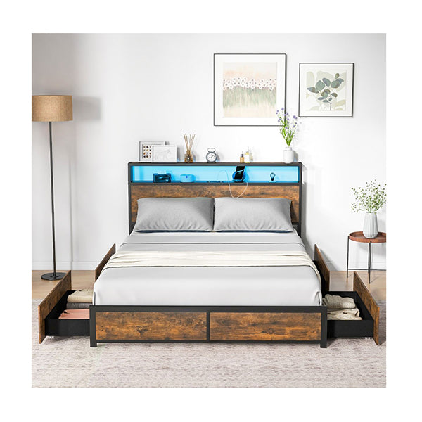 Queen Bed Frame With Smart Led Lights And Storage Headboard