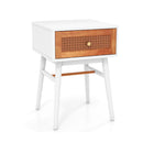 Rattan Nightstand With Storage Drawer And Solid Wood Legs White