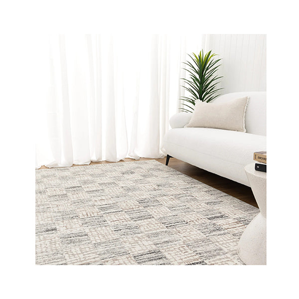 Jasmin Distressed Checkers Grey Beige Rug