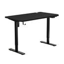 A black standing desk with a rectangular top and adjustable height