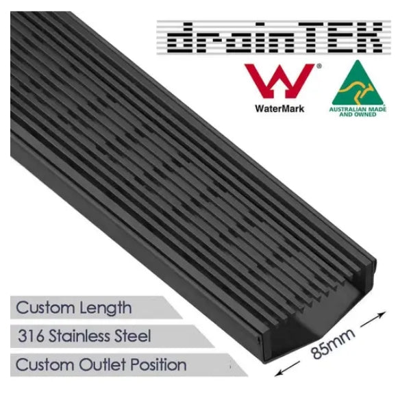 Wedge Wire Shower Grate Stainless Steel W85mm x L1200mm 3mm Gaps Black